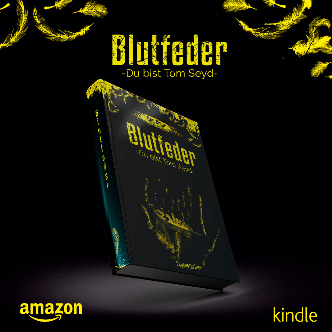 Blutfeder Mockup mit schwebendem Buchcover.