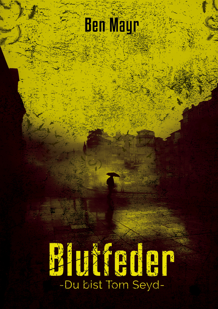 Blutfeder Artwork mit Figur im gelben Straßenraum.