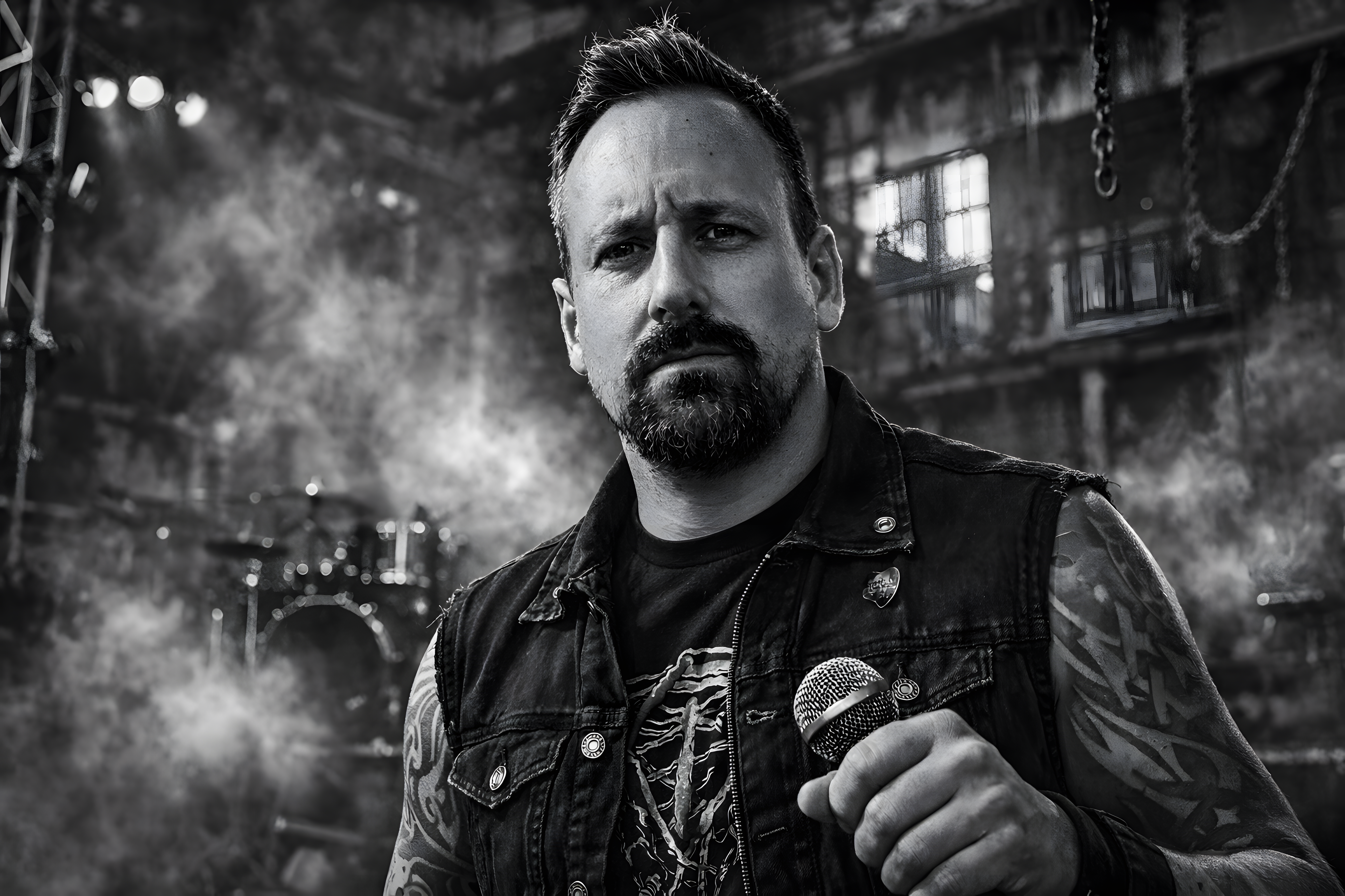 Schwarz-weißes Bühnenporträt von Ben Mayr mit Mikrofon und dramatischer Rauchkulisse.