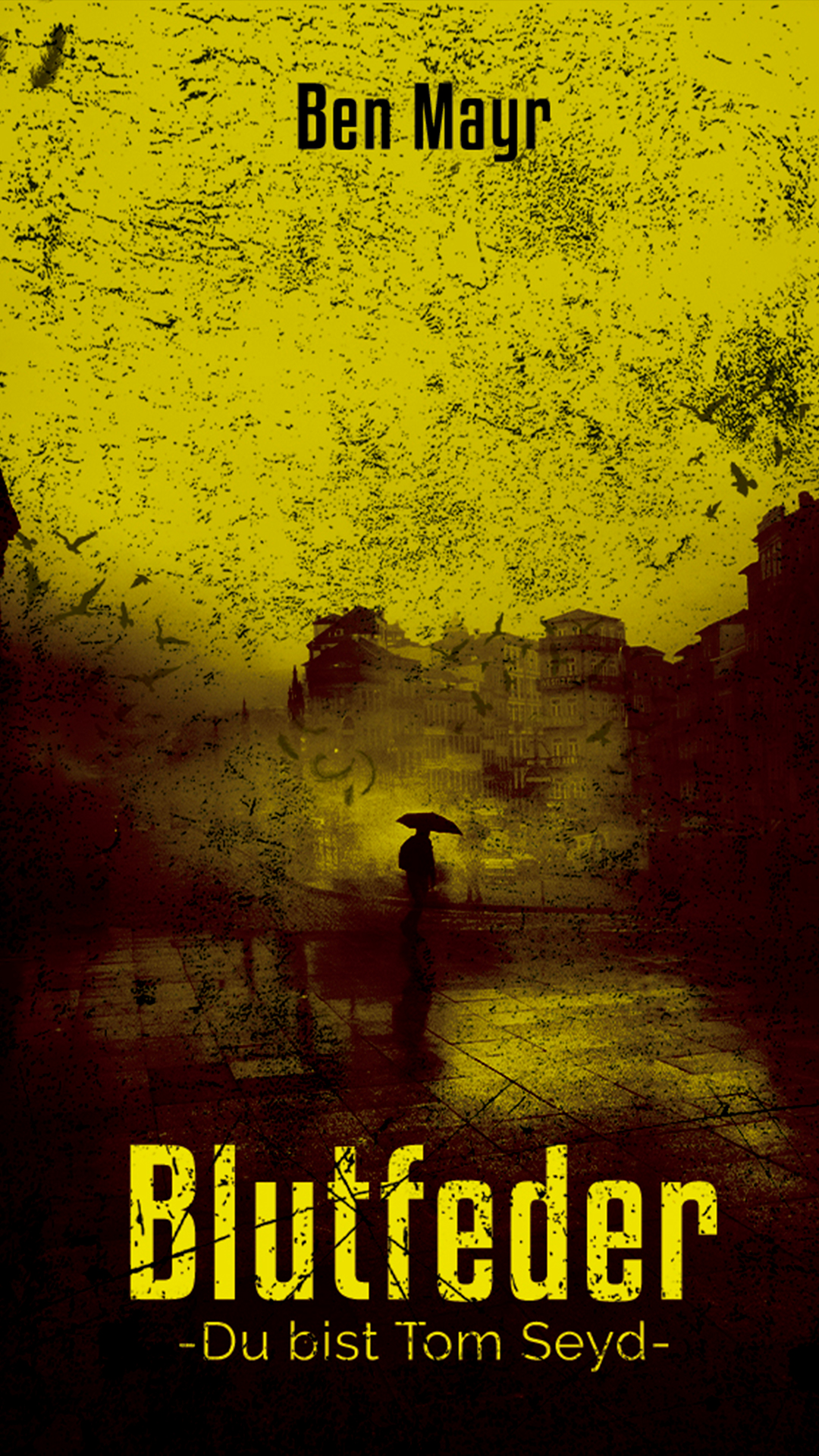 Artwork zu Blutfeder mit regennasser Stadtstimmung in Gelb-Schwarz.