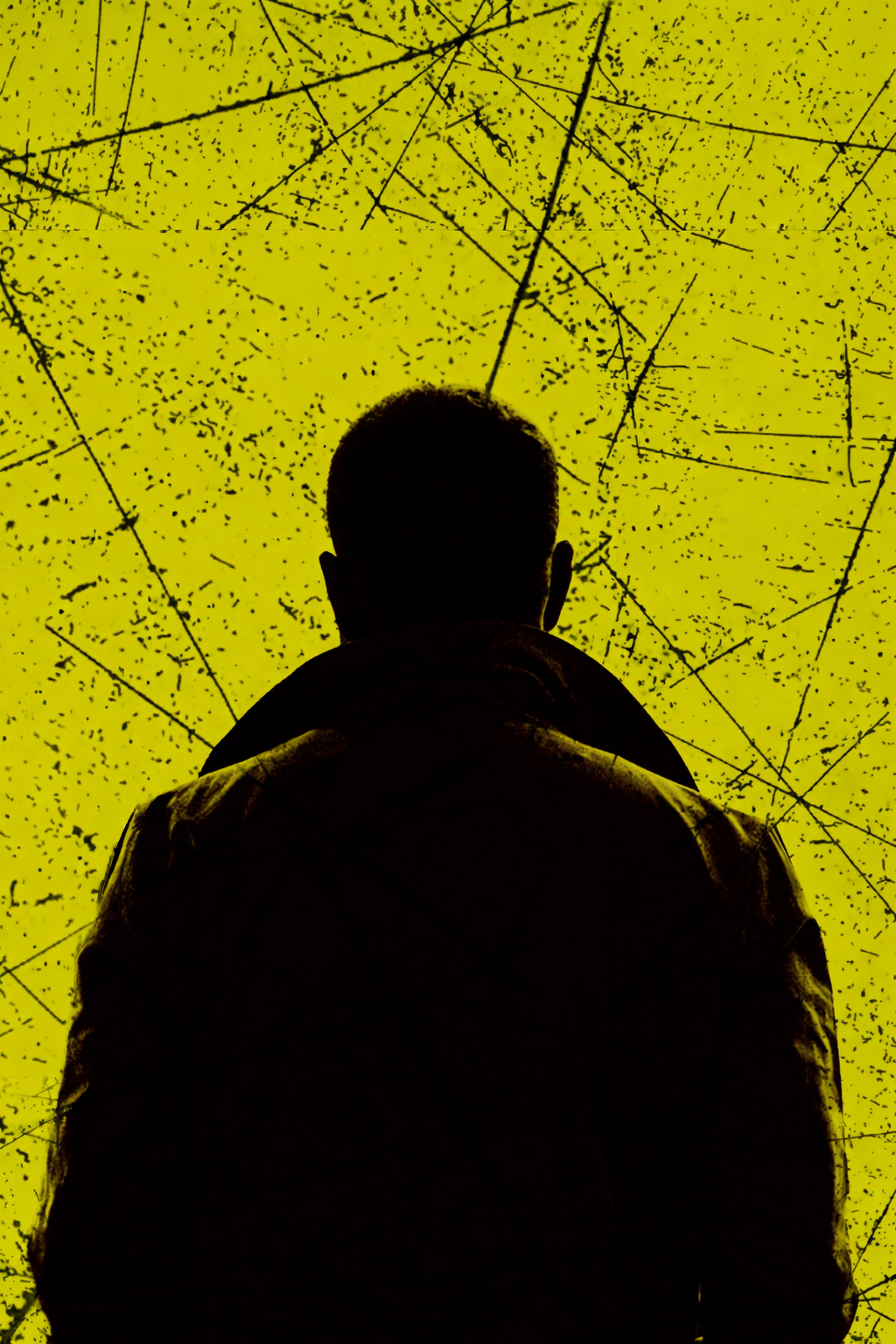 Dunkler Umriss vor gelbem Hintergrund.